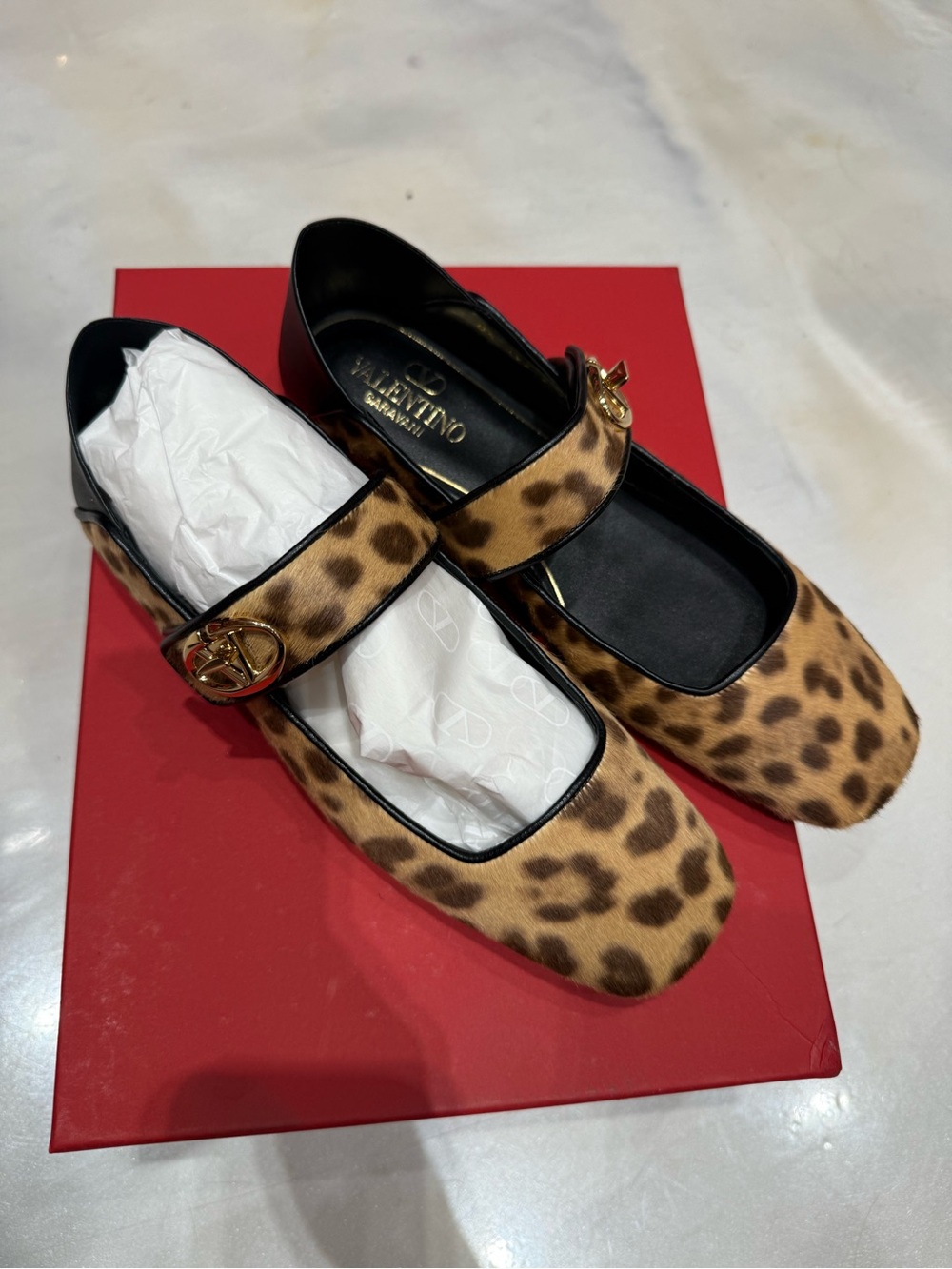 Valentino Leopard Print Mary Jane Flats with Gold Logo Buckle